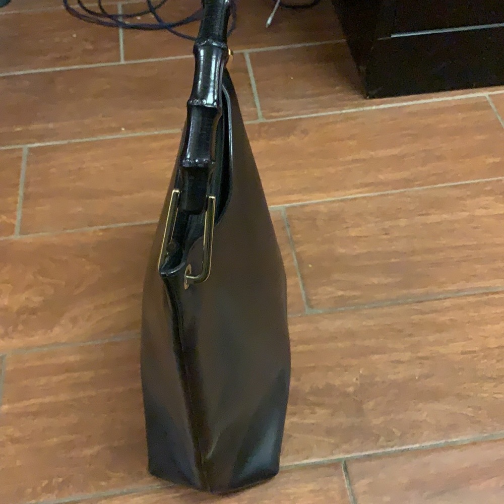 vintage GUCCI black calfskin leather‎ Bamboo handle shoulder hobo tote bag - Picture 10 of 12